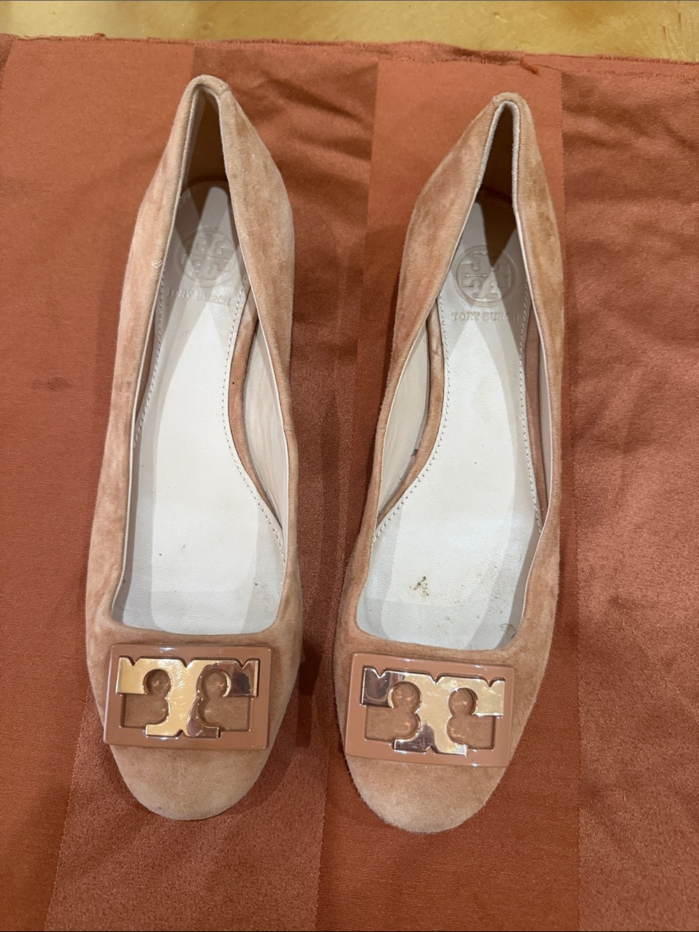 Tory Burch Blush Suede Logo Buckle Flats used condition.